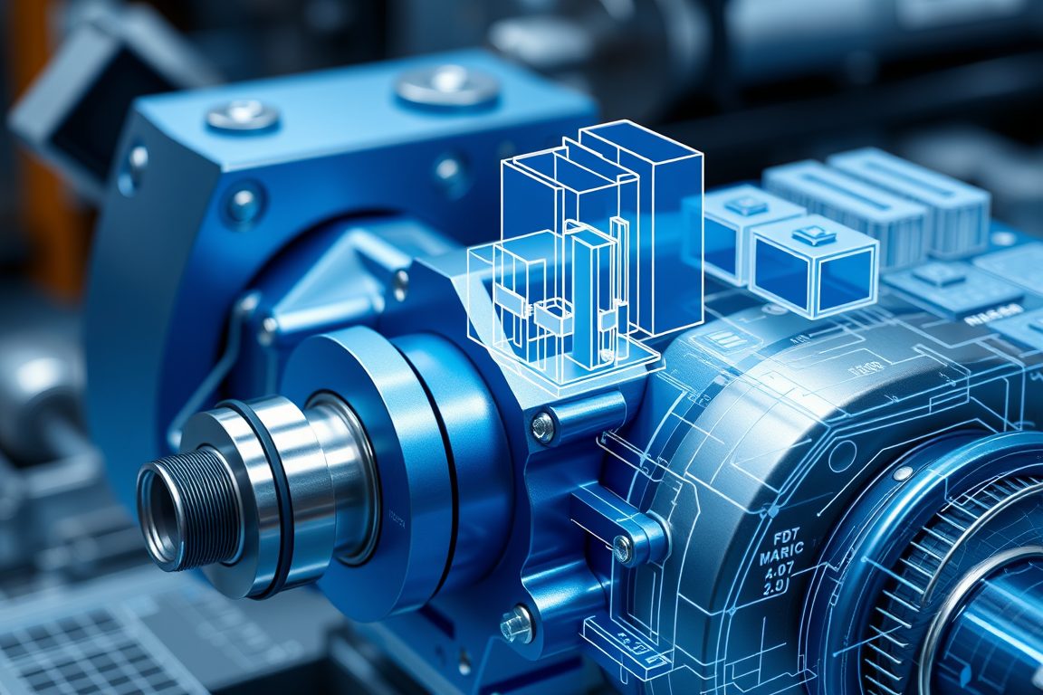 Industrial design blueprint with 3D model overlay